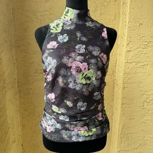 Cinq a Sept Midnight Bloom Sleeveless Mesh Top Sz S Mock Neck Floral Stretch